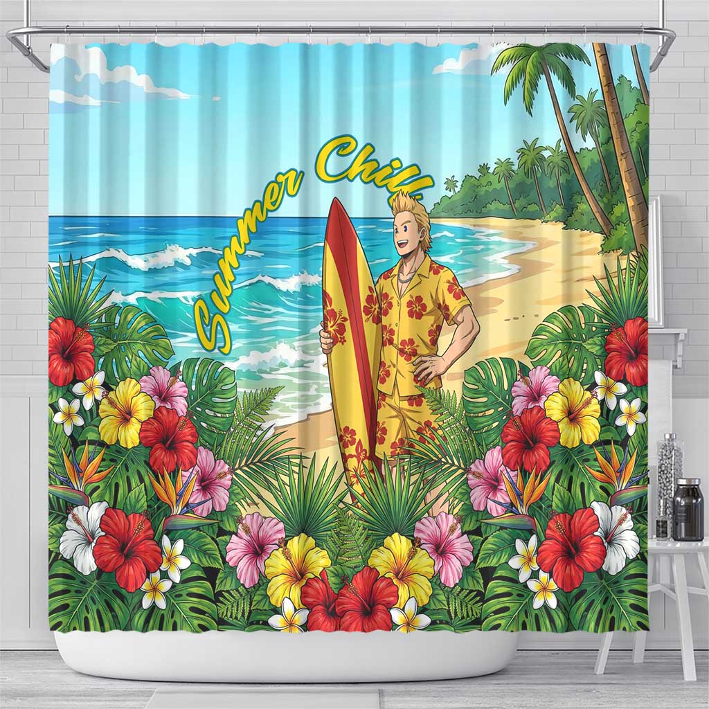 Mirio Togata Summer Chill Shower Curtain Tropical Anime Surf Scene
