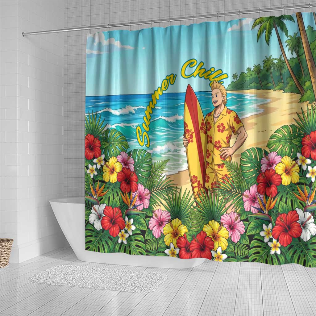 Mirio Togata Summer Chill Shower Curtain Tropical Anime Surf Scene
