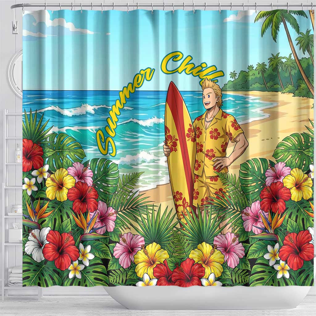 Mirio Togata Summer Chill Shower Curtain Tropical Anime Surf Scene