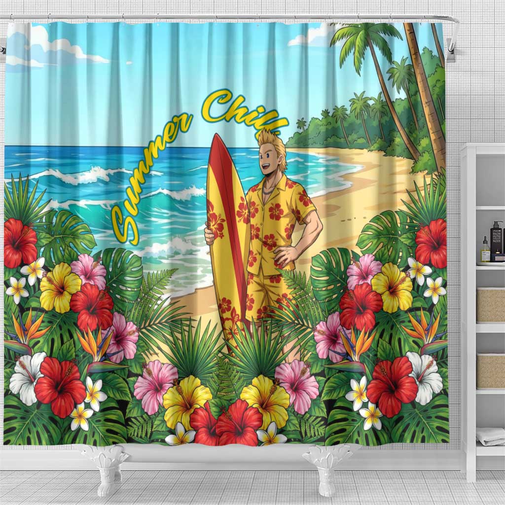 Mirio Togata Summer Chill Shower Curtain Tropical Anime Surf Scene