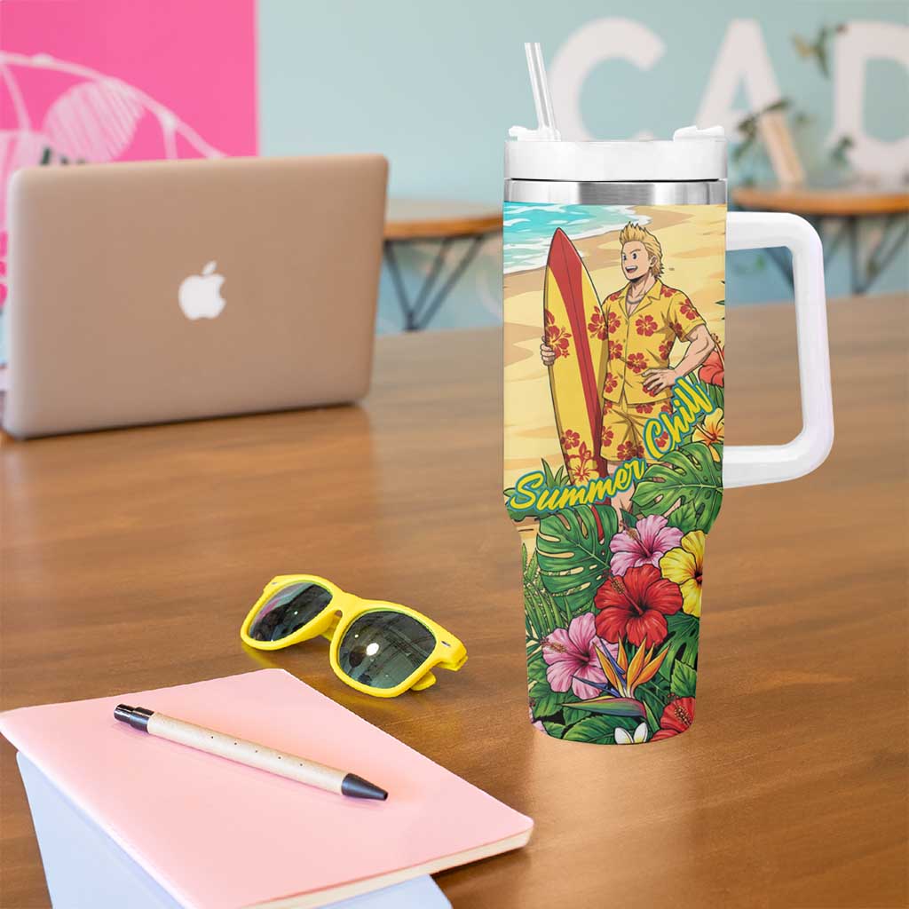 Mirio Togata Summer Chill Tumbler With Handle Tropical Anime Surf Scene