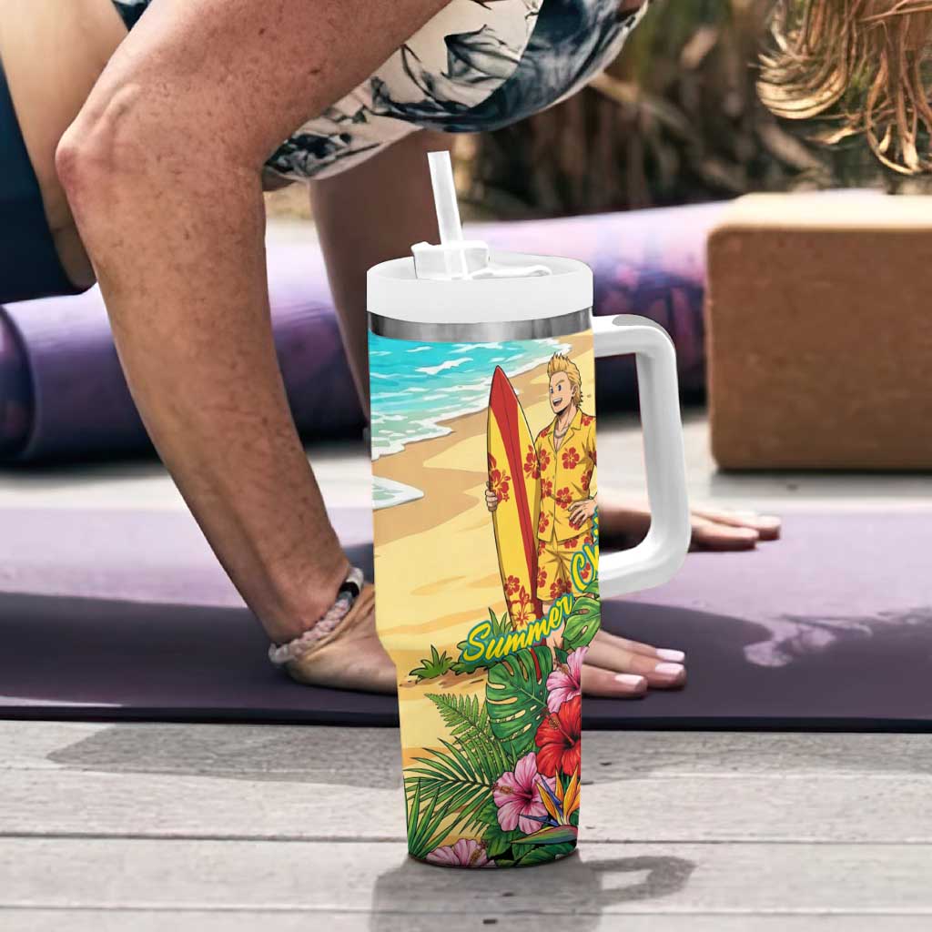 Mirio Togata Summer Chill Tumbler With Handle Tropical Anime Surf Scene