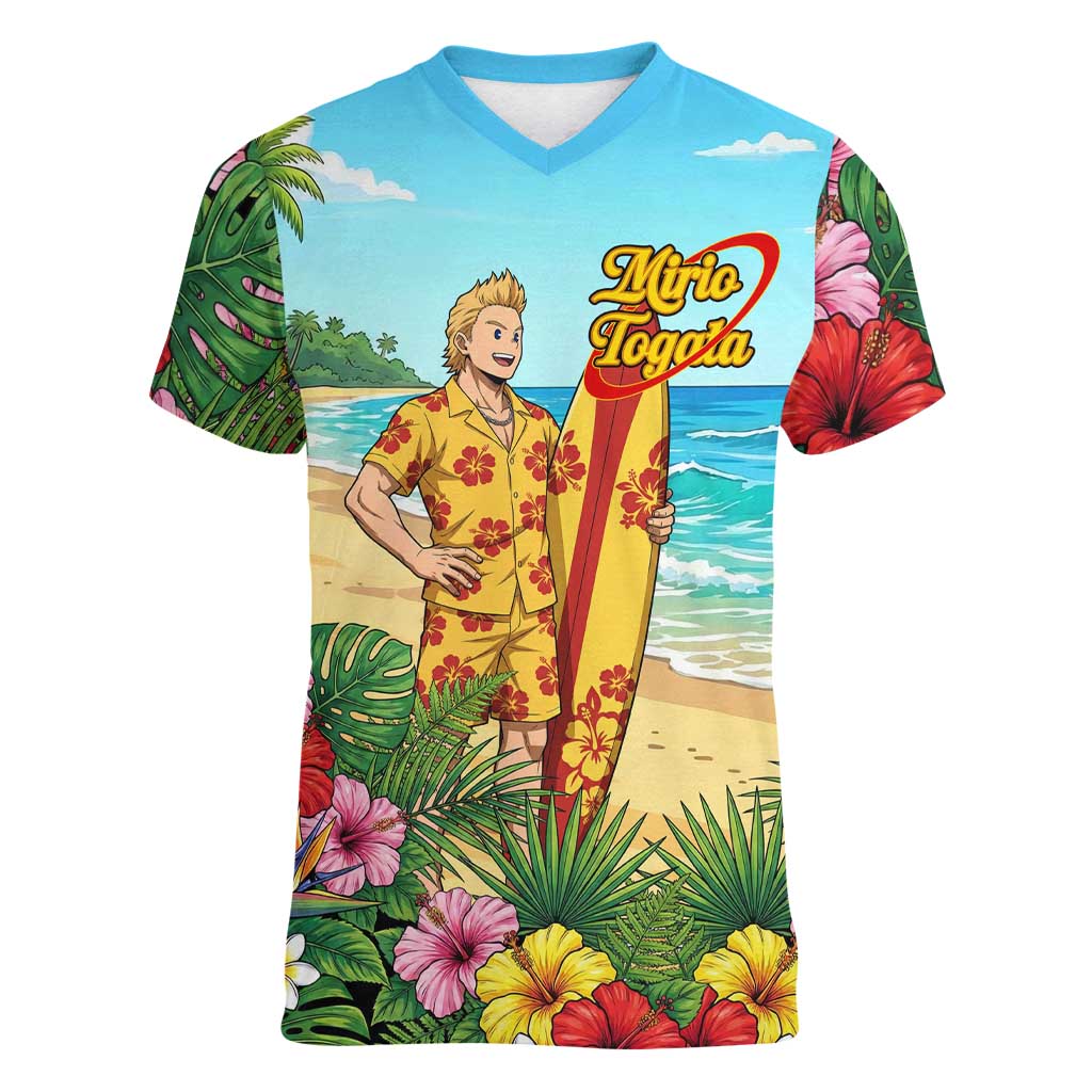 Mirio Togata Summer Chill Women V-Neck T-Shirt Tropical Anime Surf Scene