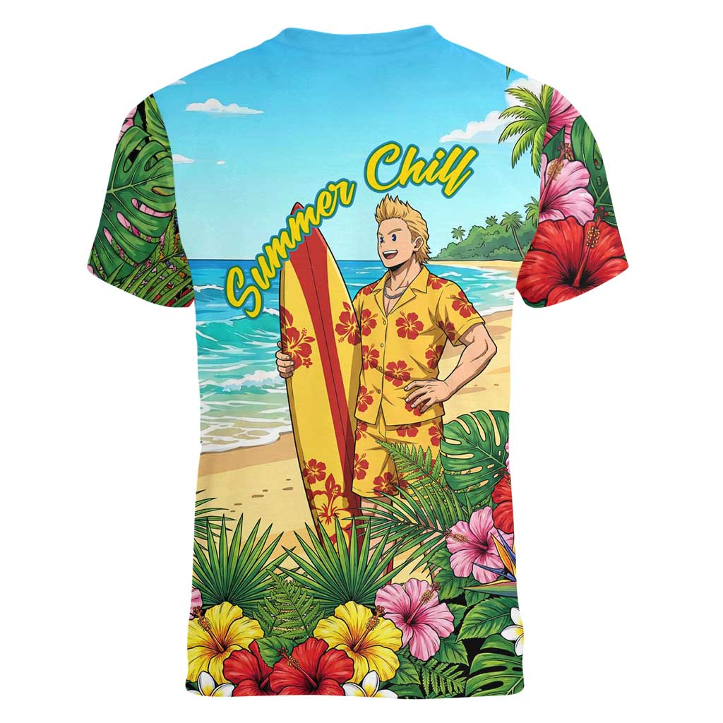 Mirio Togata Summer Chill Women V-Neck T-Shirt Tropical Anime Surf Scene