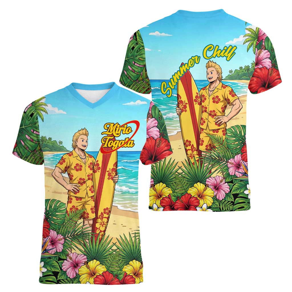 Mirio Togata Summer Chill Women V-Neck T-Shirt Tropical Anime Surf Scene