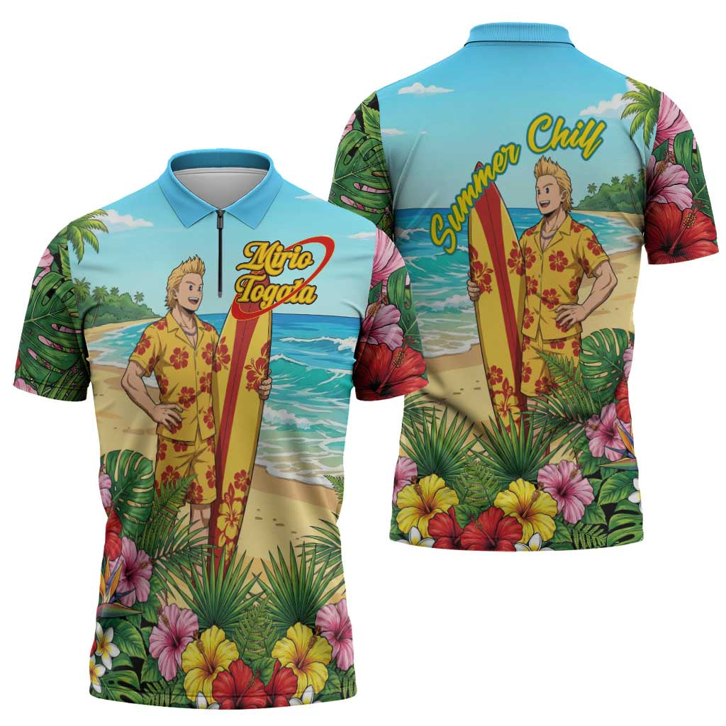 Mirio Togata Summer Chill Zipper Polo Shirt Tropical Anime Surf Scene