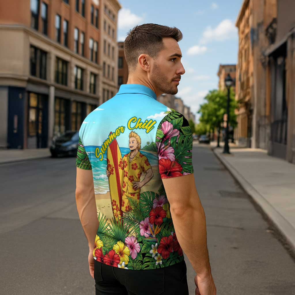 Mirio Togata Summer Chill Zipper Polo Shirt Tropical Anime Surf Scene