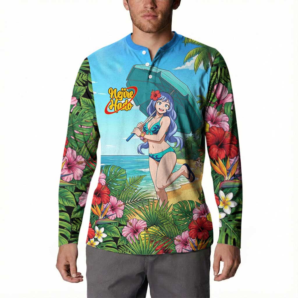 Nejire Hado Summer Chill Button Sweatshirt Tropical Anime Surfside Art