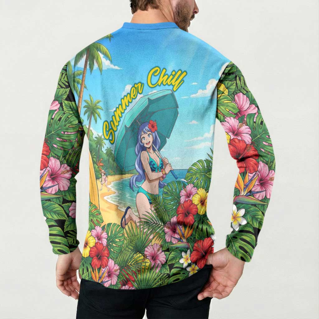Nejire Hado Summer Chill Button Sweatshirt Tropical Anime Surfside Art