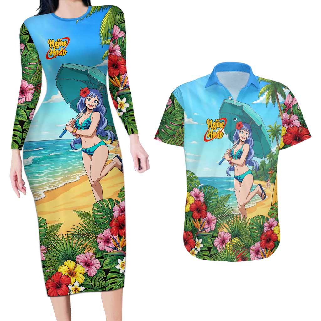 Nejire Hado Summer Chill Couples Matching Long Sleeve Bodycon Dress and Hawaiian Shirt Tropical Anime Surfside Art