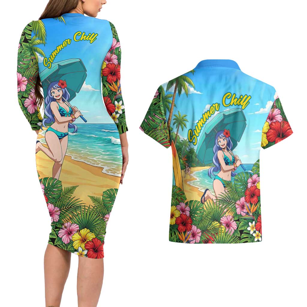 Nejire Hado Summer Chill Couples Matching Long Sleeve Bodycon Dress and Hawaiian Shirt Tropical Anime Surfside Art