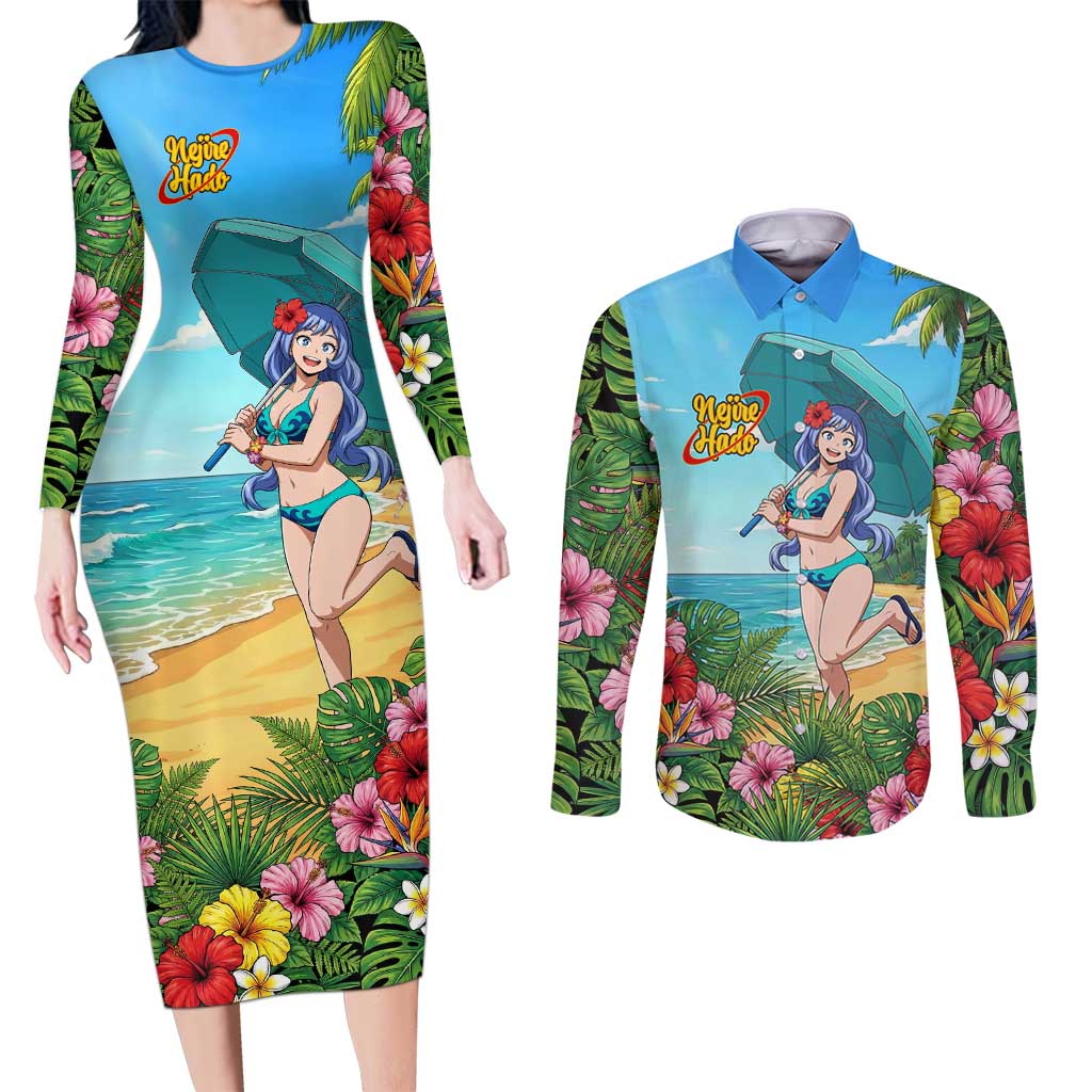 Nejire Hado Summer Chill Couples Matching Long Sleeve Bodycon Dress and Long Sleeve Button Shirt Tropical Anime Surfside Art
