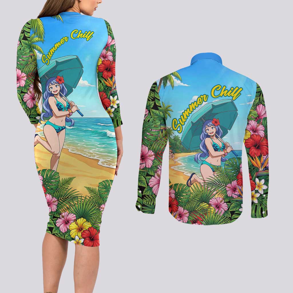 Nejire Hado Summer Chill Couples Matching Long Sleeve Bodycon Dress and Long Sleeve Button Shirt Tropical Anime Surfside Art