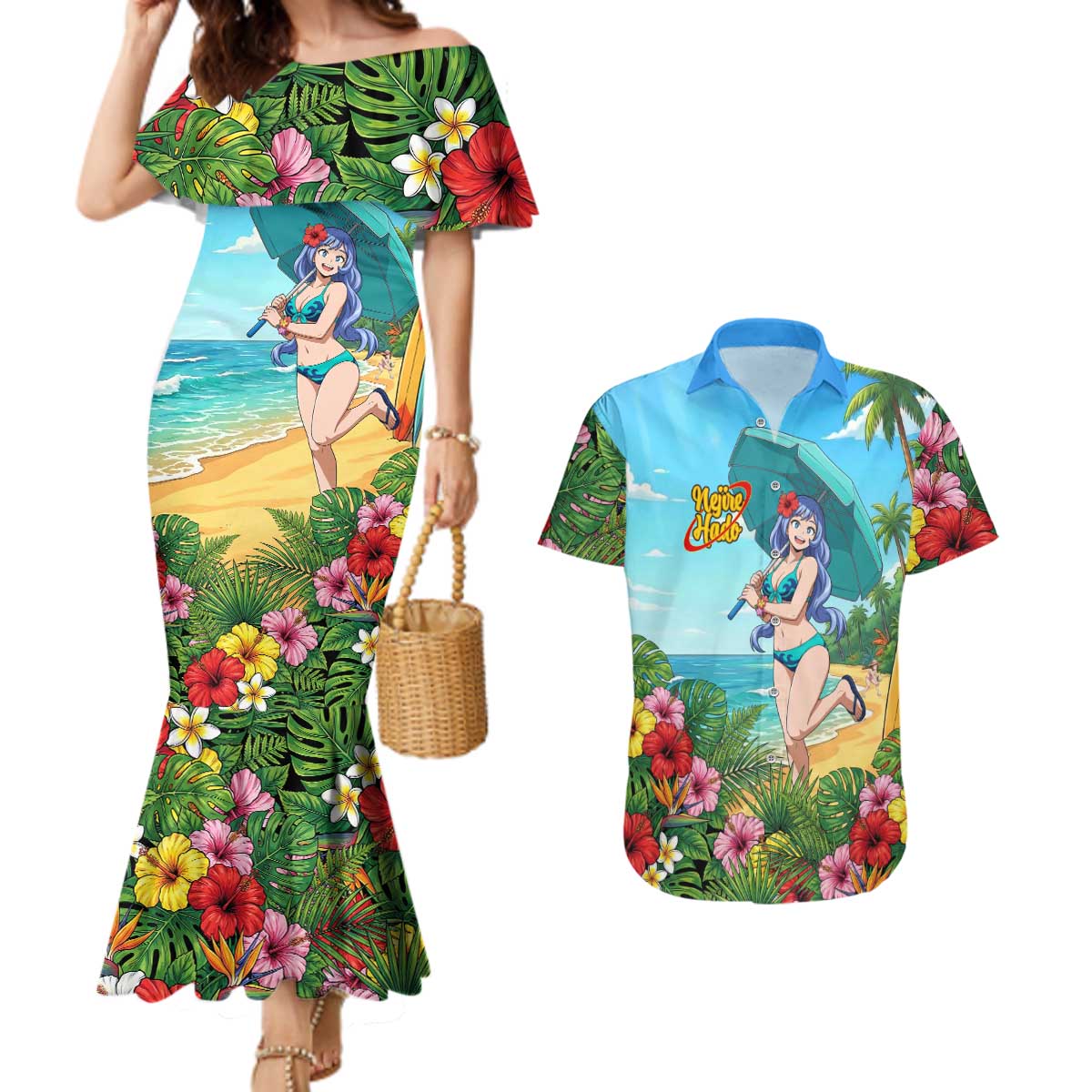 Nejire Hado Summer Chill Couples Matching Mermaid Dress and Hawaiian Shirt Tropical Anime Surfside Art