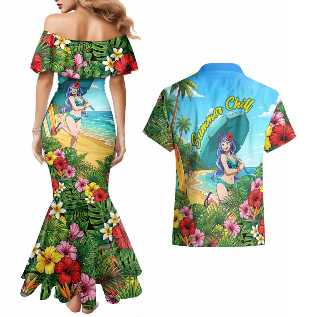 Nejire Hado Summer Chill Couples Matching Mermaid Dress and Hawaiian Shirt Tropical Anime Surfside Art
