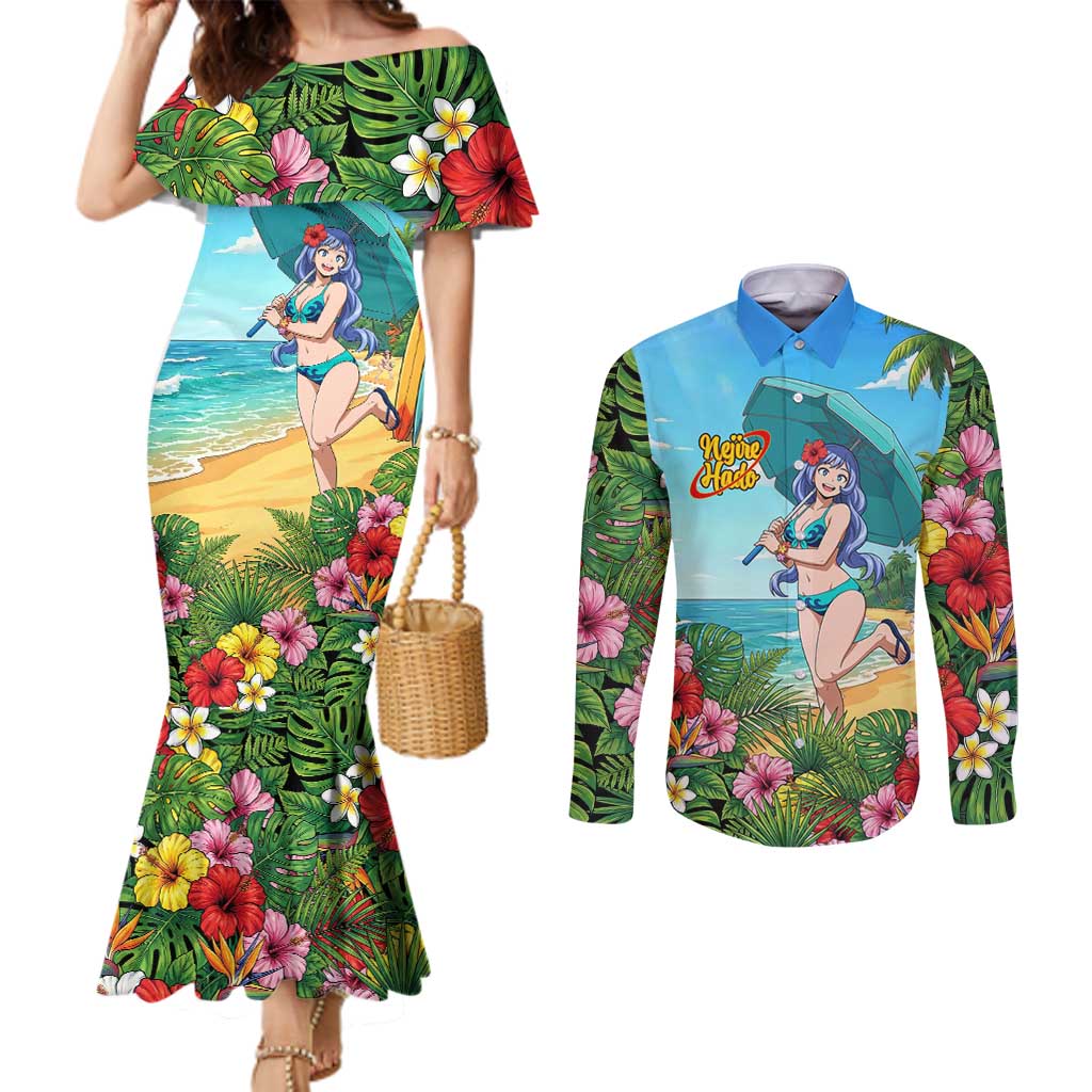 Nejire Hado Summer Chill Couples Matching Mermaid Dress and Long Sleeve Button Shirt Tropical Anime Surfside Art