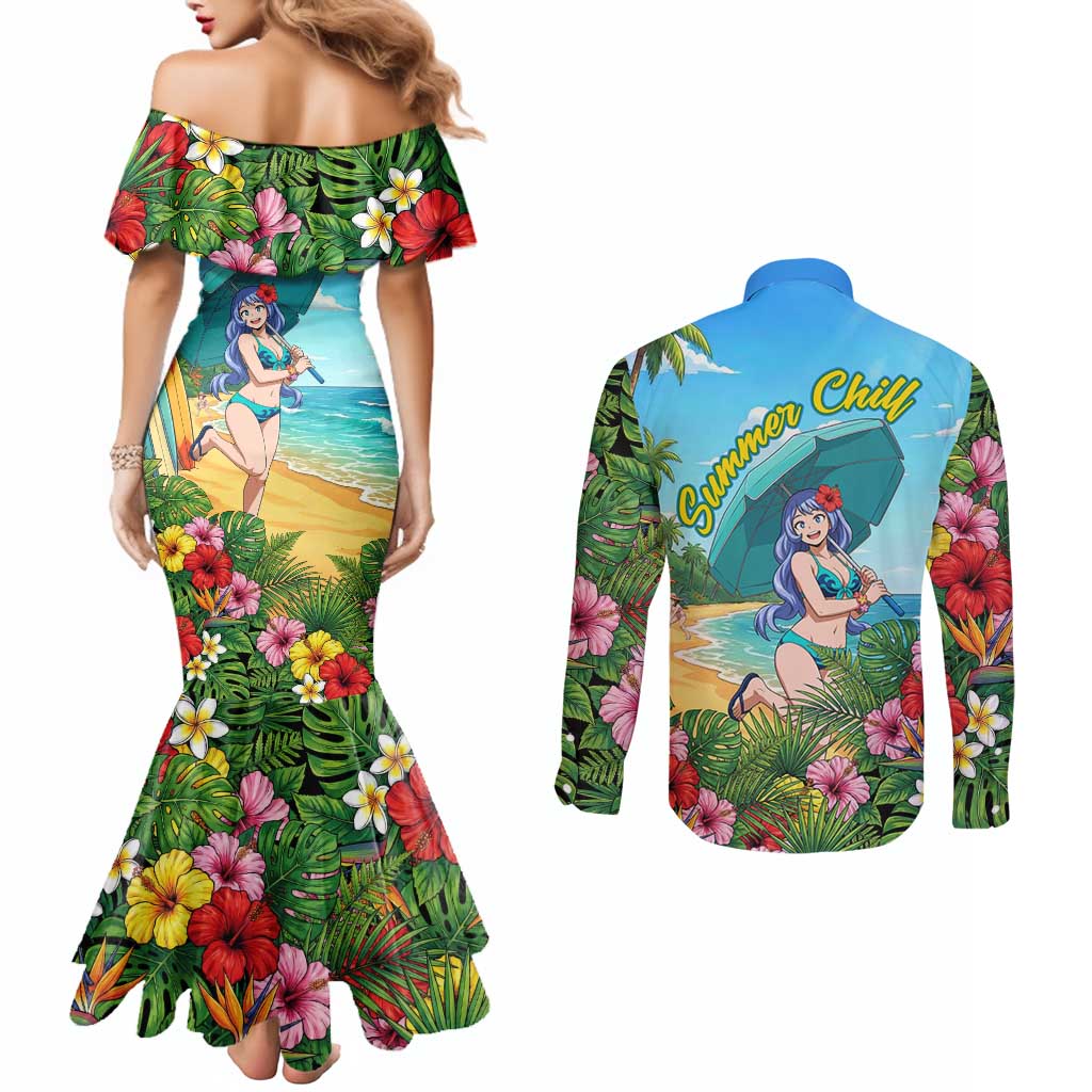 Nejire Hado Summer Chill Couples Matching Mermaid Dress and Long Sleeve Button Shirt Tropical Anime Surfside Art
