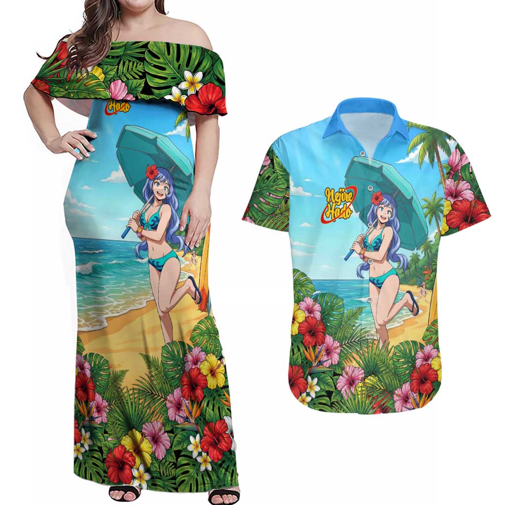 Nejire Hado Summer Chill Couples Matching Off Shoulder Maxi Dress and Hawaiian Shirt Tropical Anime Surfside Art