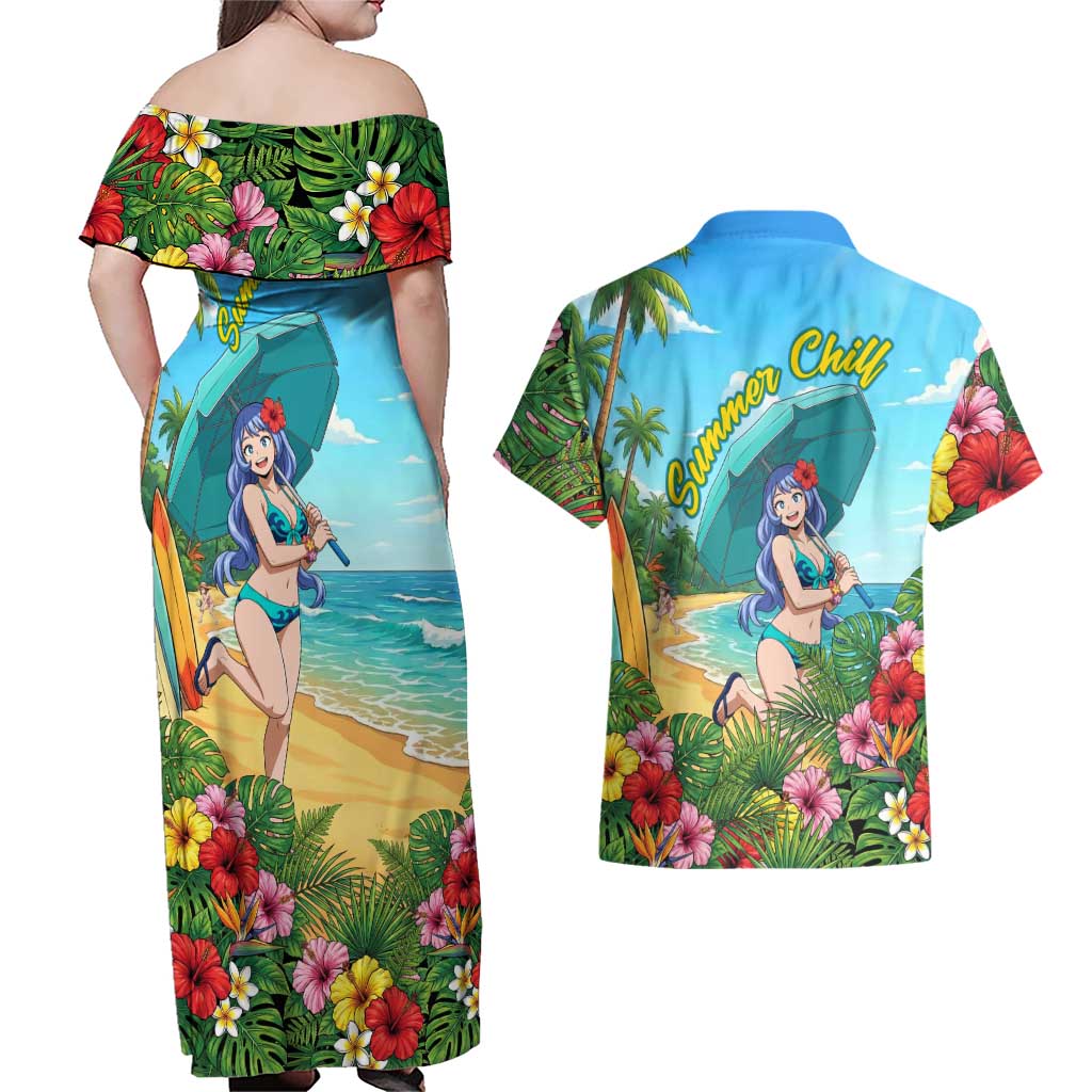 Nejire Hado Summer Chill Couples Matching Off Shoulder Maxi Dress and Hawaiian Shirt Tropical Anime Surfside Art