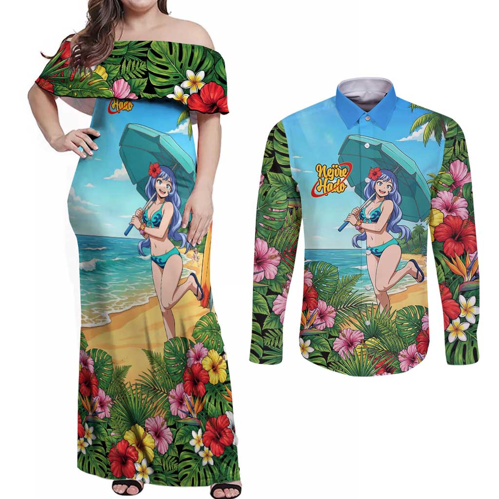 Nejire Hado Summer Chill Couples Matching Off Shoulder Maxi Dress and Long Sleeve Button Shirt Tropical Anime Surfside Art