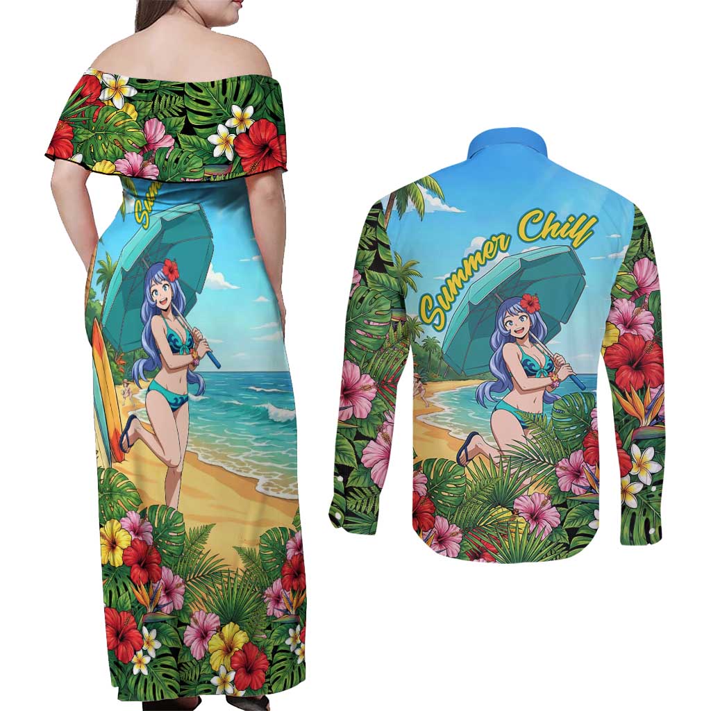 Nejire Hado Summer Chill Couples Matching Off Shoulder Maxi Dress and Long Sleeve Button Shirt Tropical Anime Surfside Art