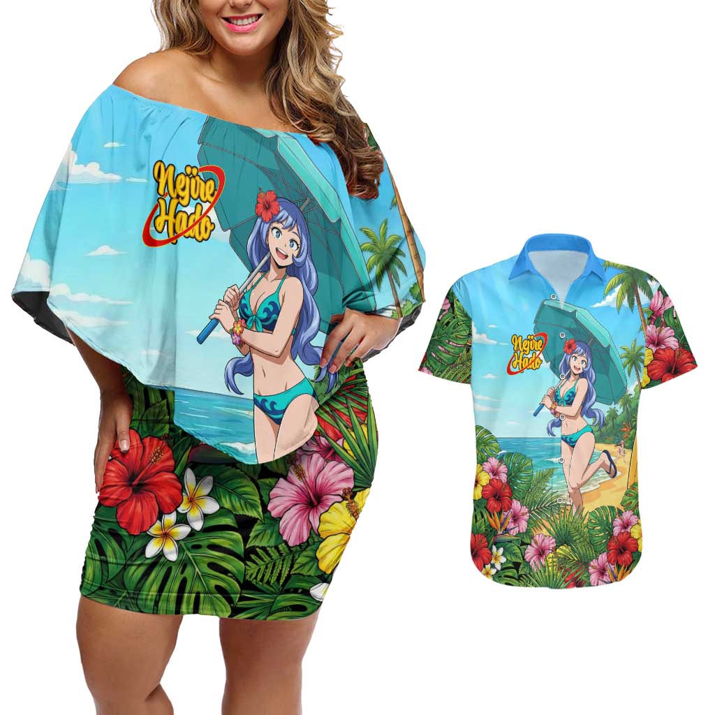 Nejire Hado Summer Chill Couples Matching Off Shoulder Short Dress and Hawaiian Shirt Tropical Anime Surfside Art