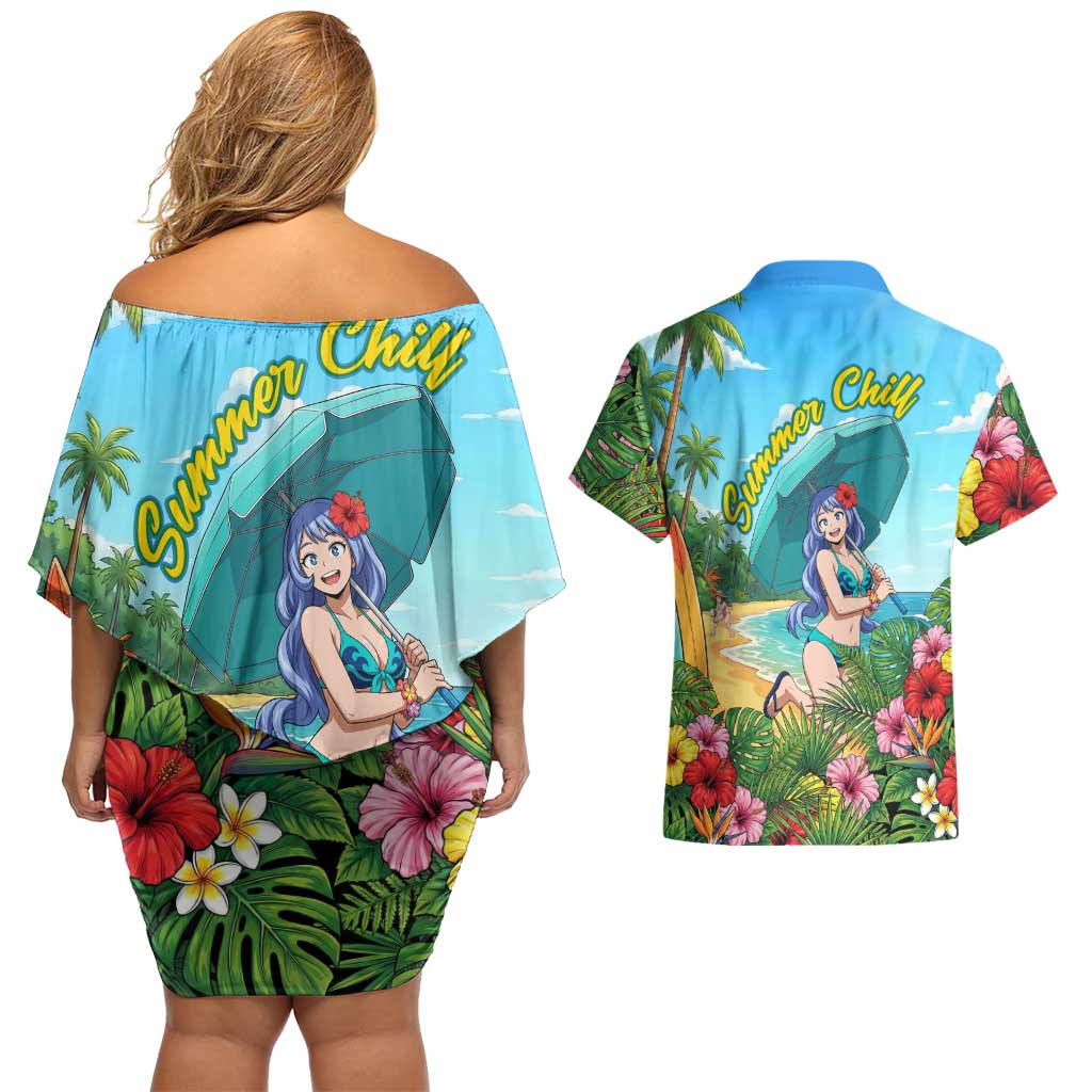 Nejire Hado Summer Chill Couples Matching Off Shoulder Short Dress and Hawaiian Shirt Tropical Anime Surfside Art