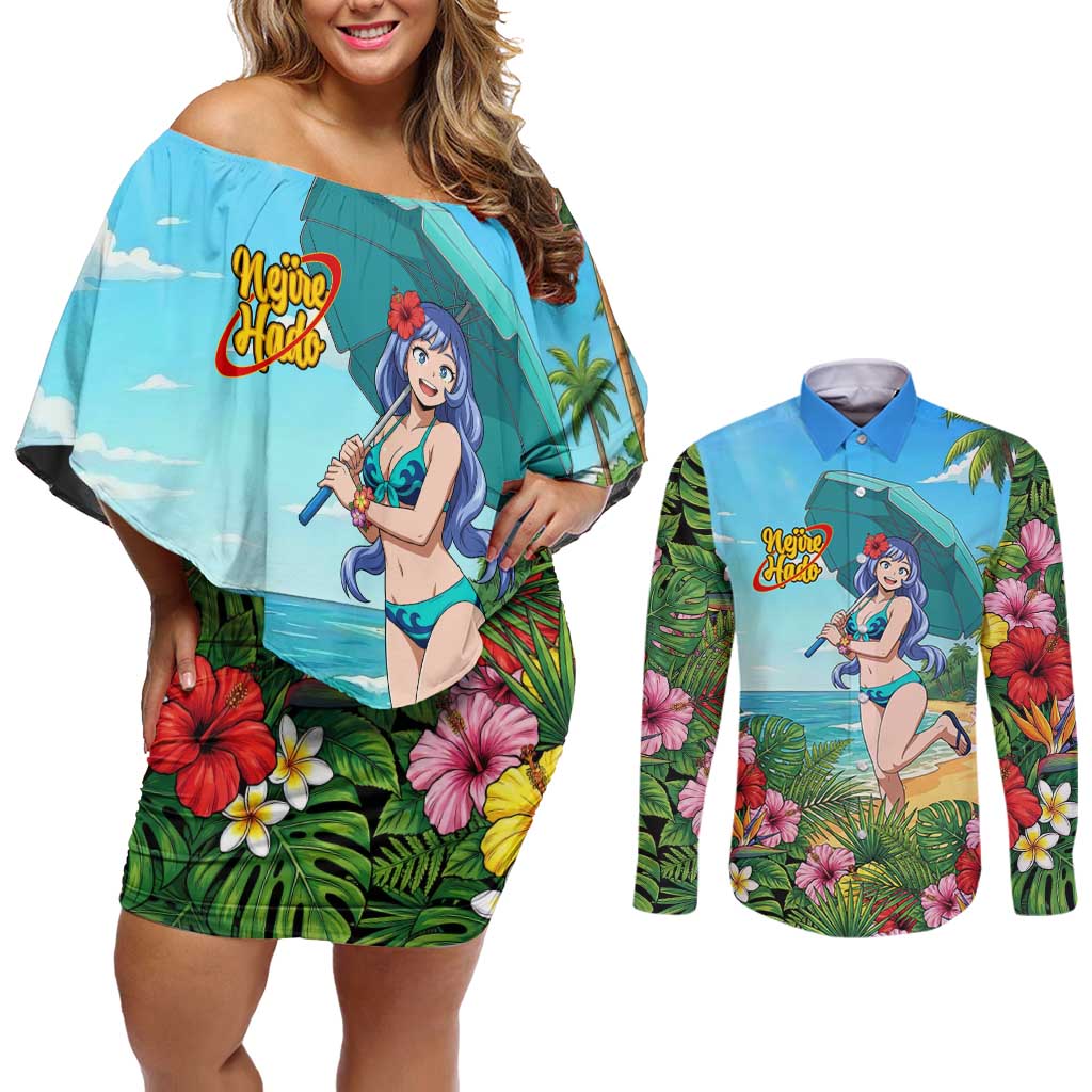 Nejire Hado Summer Chill Couples Matching Off Shoulder Short Dress and Long Sleeve Button Shirt Tropical Anime Surfside Art