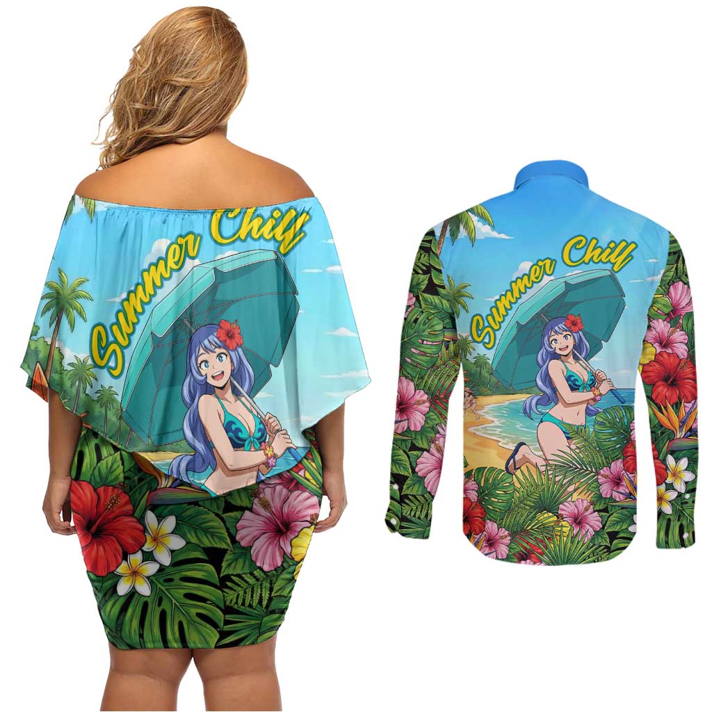 Nejire Hado Summer Chill Couples Matching Off Shoulder Short Dress and Long Sleeve Button Shirt Tropical Anime Surfside Art