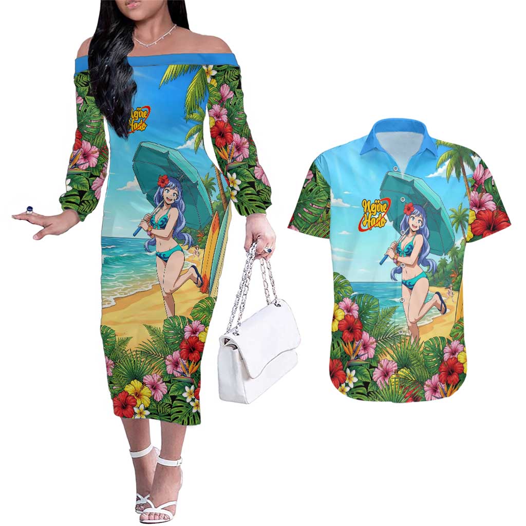Nejire Hado Summer Chill Couples Matching Off The Shoulder Long Sleeve Dress and Hawaiian Shirt Tropical Anime Surfside Art