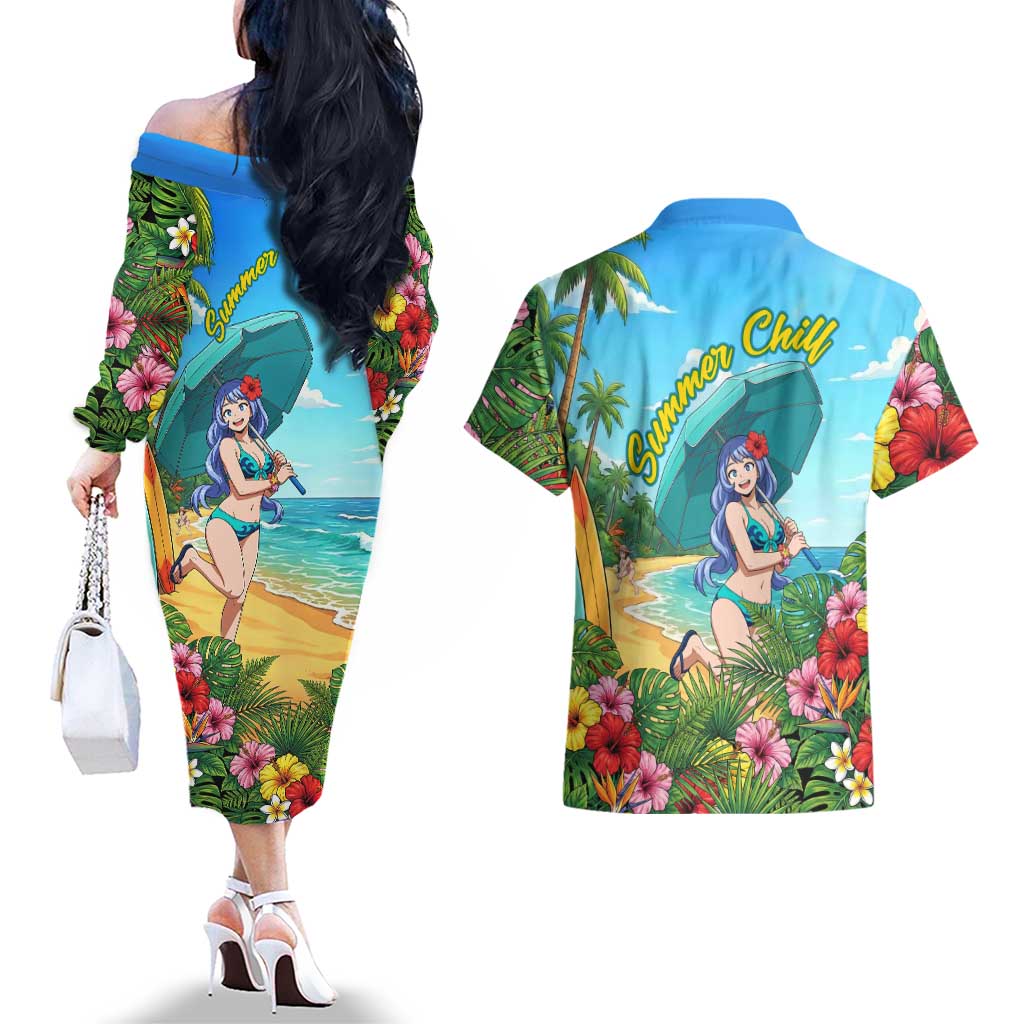 Nejire Hado Summer Chill Couples Matching Off The Shoulder Long Sleeve Dress and Hawaiian Shirt Tropical Anime Surfside Art