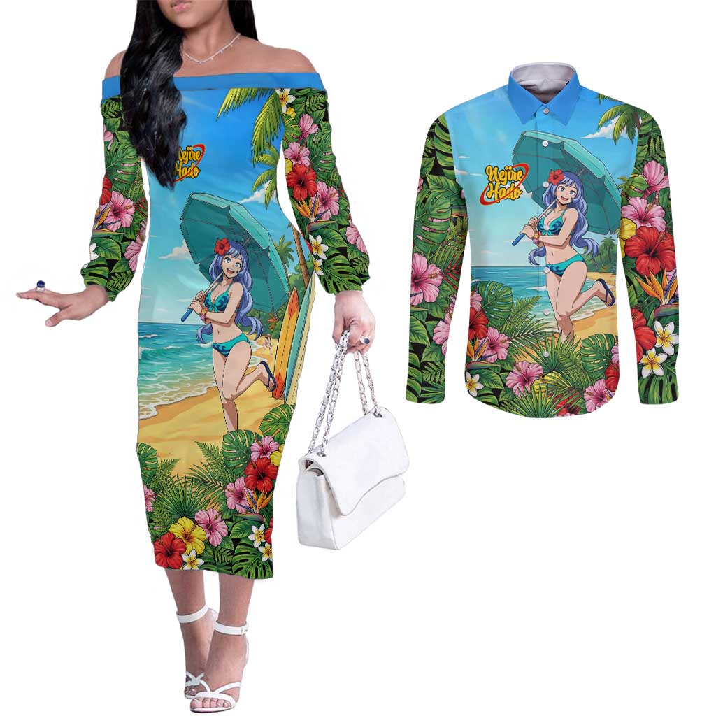 Nejire Hado Summer Chill Couples Matching Off The Shoulder Long Sleeve Dress and Long Sleeve Button Shirt Tropical Anime Surfside Art