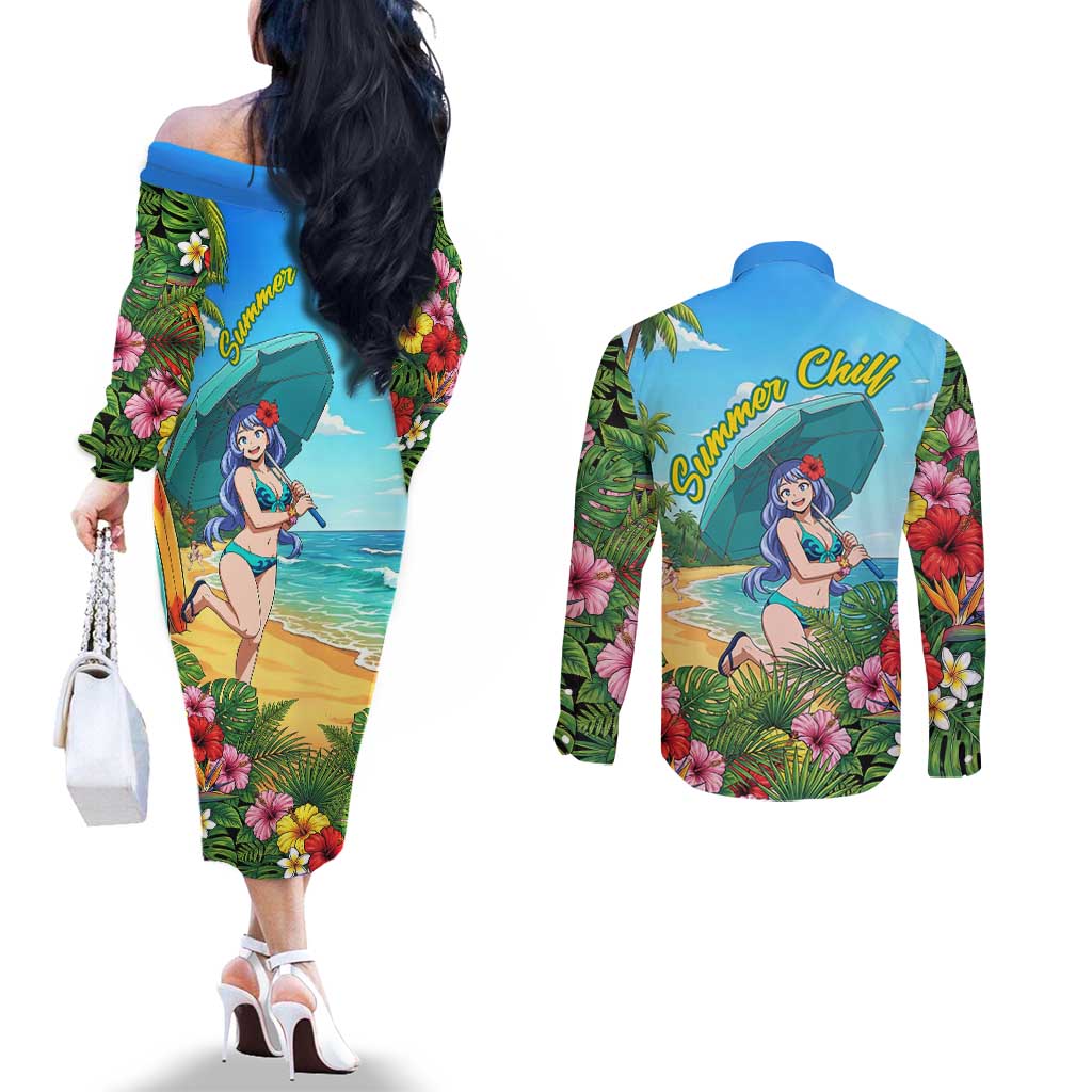 Nejire Hado Summer Chill Couples Matching Off The Shoulder Long Sleeve Dress and Long Sleeve Button Shirt Tropical Anime Surfside Art