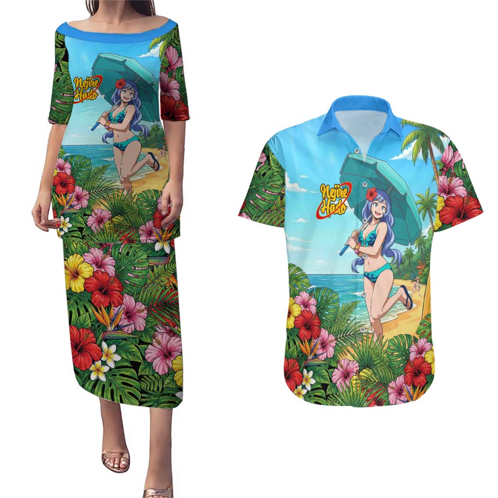 Nejire Hado Summer Chill Couples Matching Puletasi and Hawaiian Shirt Tropical Anime Surfside Art