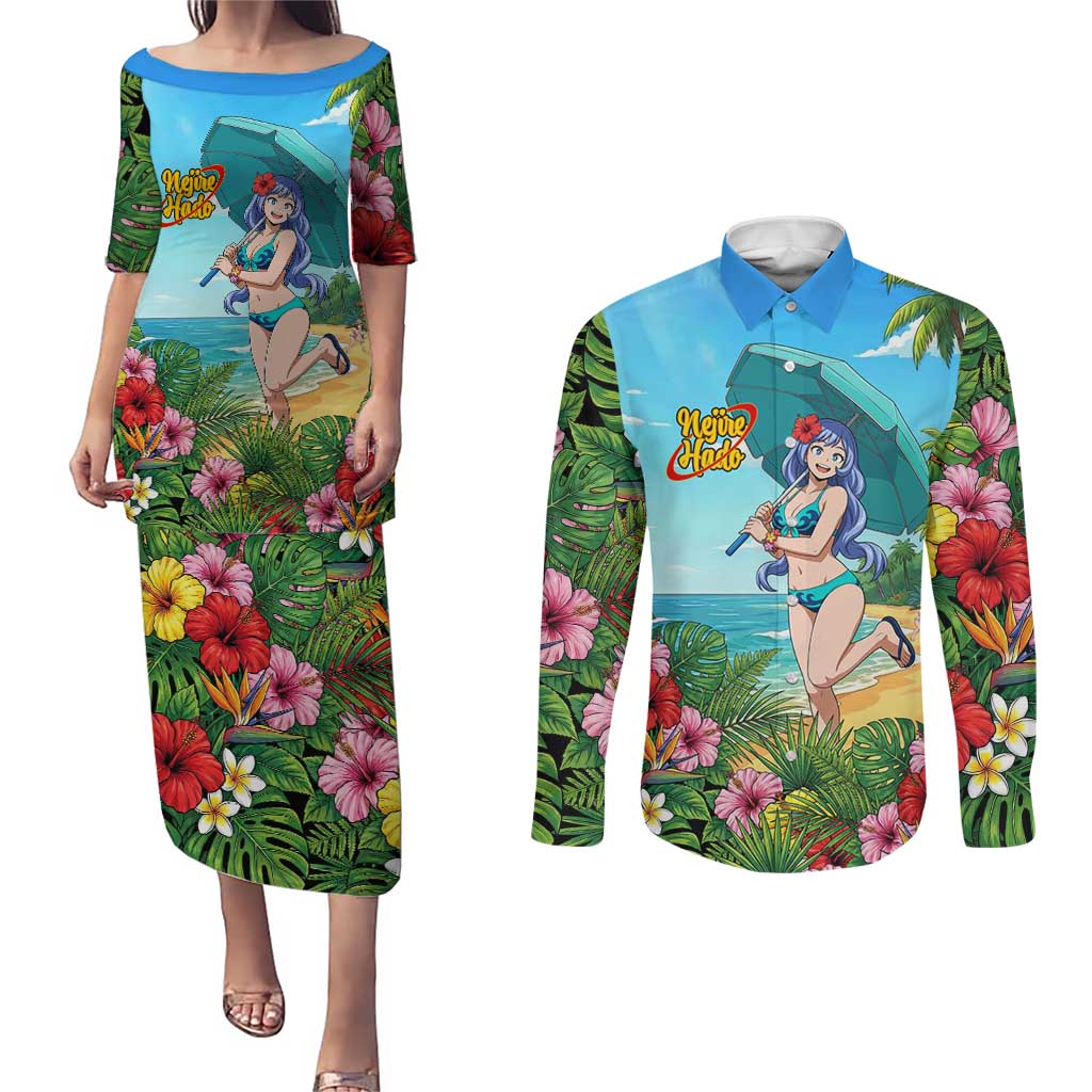 Nejire Hado Summer Chill Couples Matching Puletasi and Long Sleeve Button Shirt Tropical Anime Surfside Art