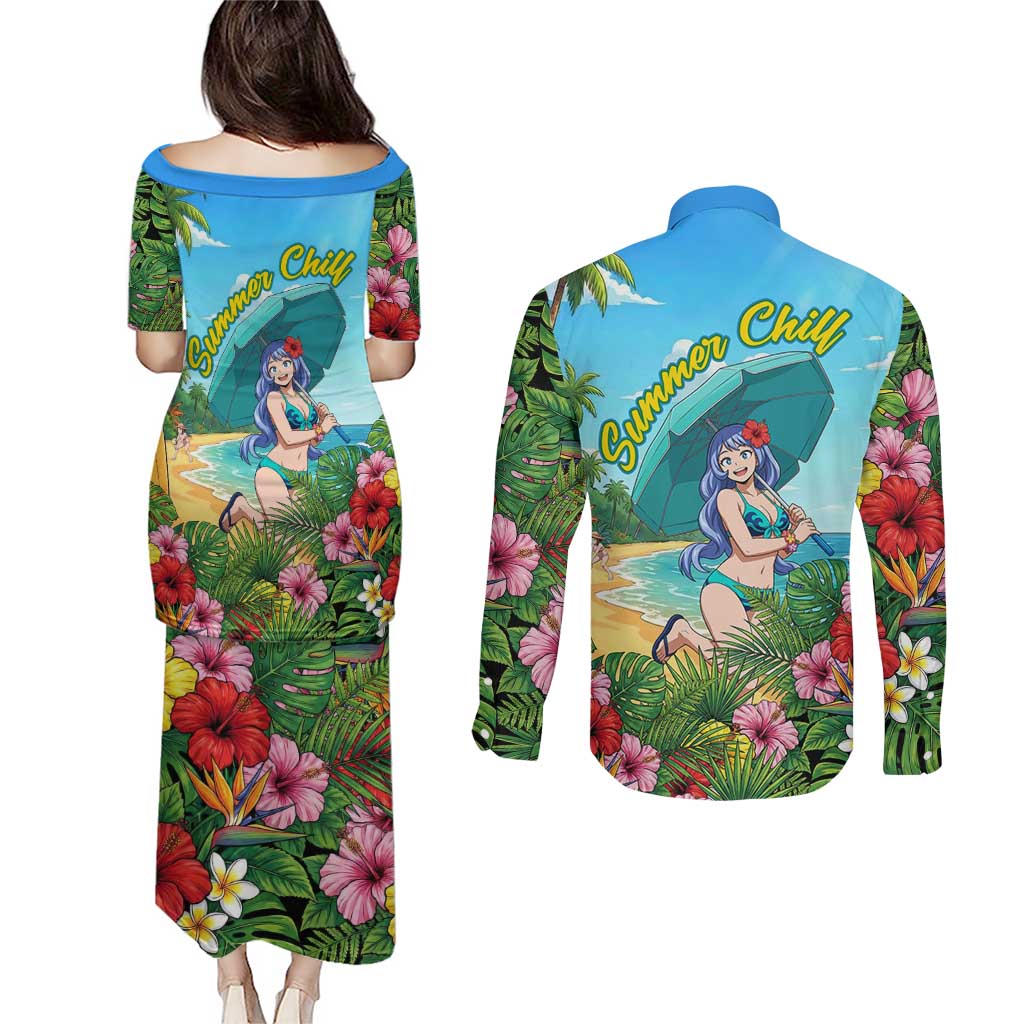 Nejire Hado Summer Chill Couples Matching Puletasi and Long Sleeve Button Shirt Tropical Anime Surfside Art