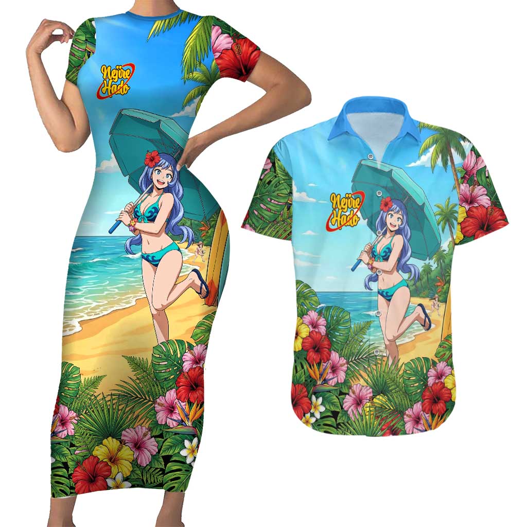 Nejire Hado Summer Chill Couples Matching Short Sleeve Bodycon Dress and Hawaiian Shirt Tropical Anime Surfside Art