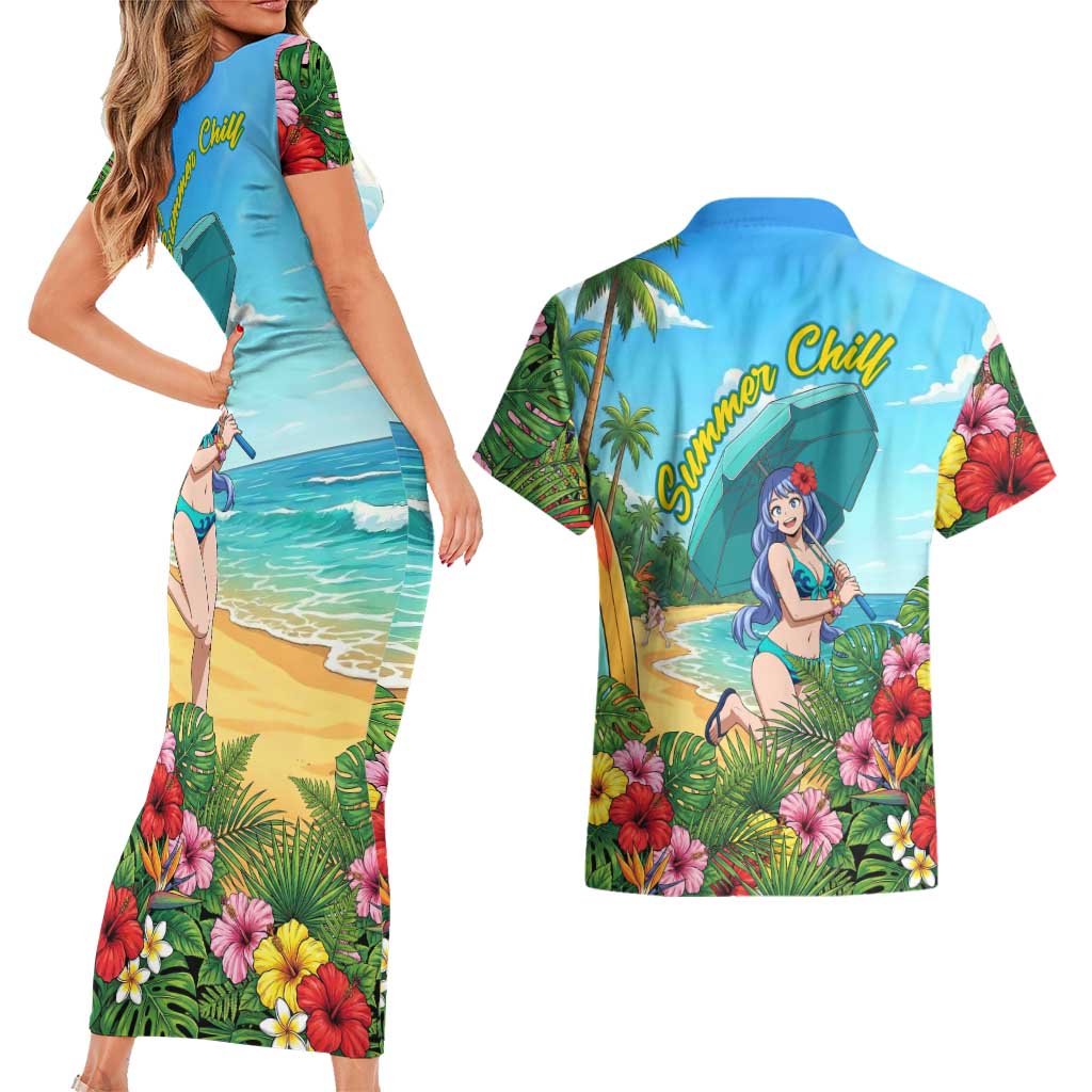 Nejire Hado Summer Chill Couples Matching Short Sleeve Bodycon Dress and Hawaiian Shirt Tropical Anime Surfside Art
