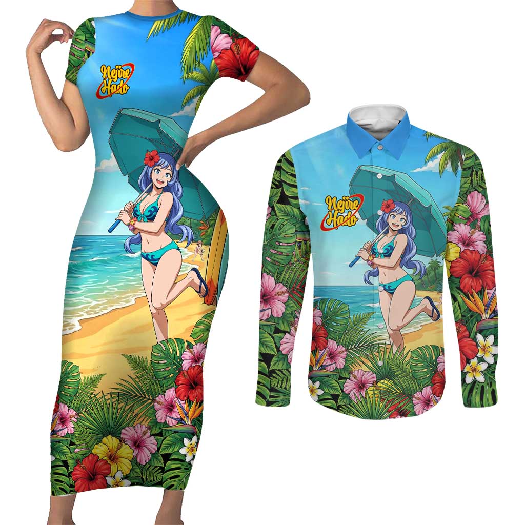 Nejire Hado Summer Chill Couples Matching Short Sleeve Bodycon Dress and Long Sleeve Button Shirt Tropical Anime Surfside Art