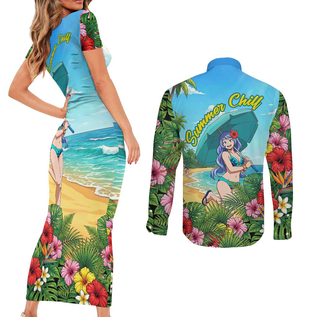 Nejire Hado Summer Chill Couples Matching Short Sleeve Bodycon Dress and Long Sleeve Button Shirt Tropical Anime Surfside Art