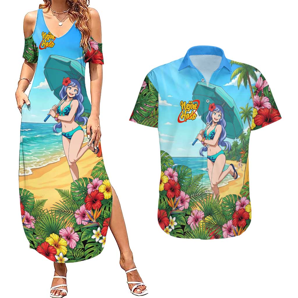 Nejire Hado Summer Chill Couples Matching Summer Maxi Dress and Hawaiian Shirt Tropical Anime Surfside Art