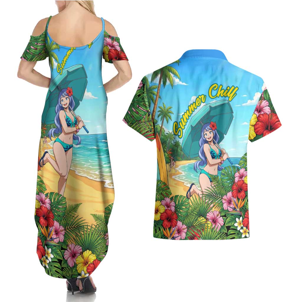 Nejire Hado Summer Chill Couples Matching Summer Maxi Dress and Hawaiian Shirt Tropical Anime Surfside Art