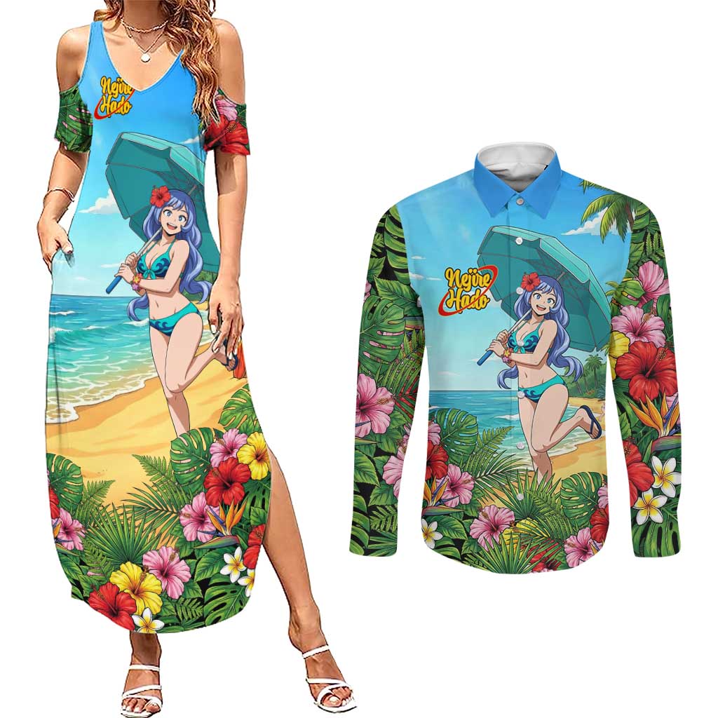Nejire Hado Summer Chill Couples Matching Summer Maxi Dress and Long Sleeve Button Shirt Tropical Anime Surfside Art