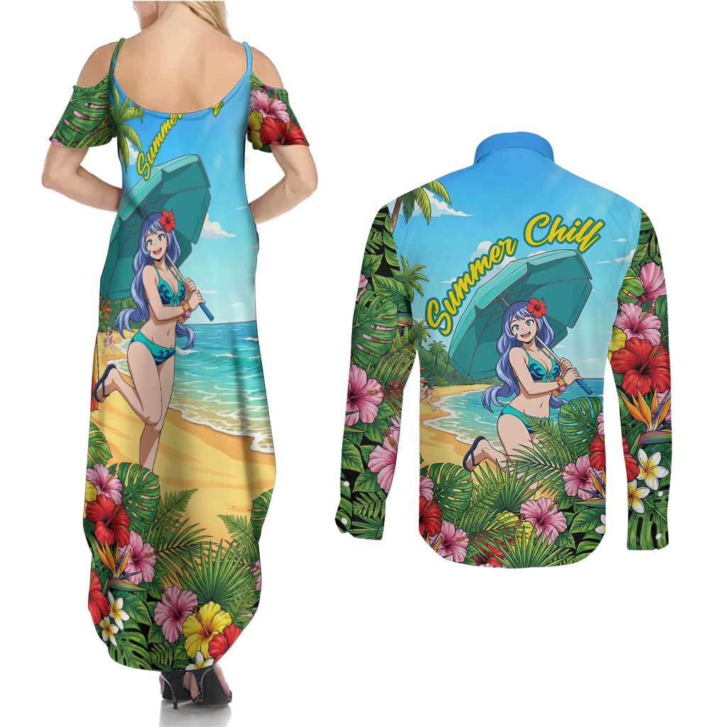 Nejire Hado Summer Chill Couples Matching Summer Maxi Dress and Long Sleeve Button Shirt Tropical Anime Surfside Art