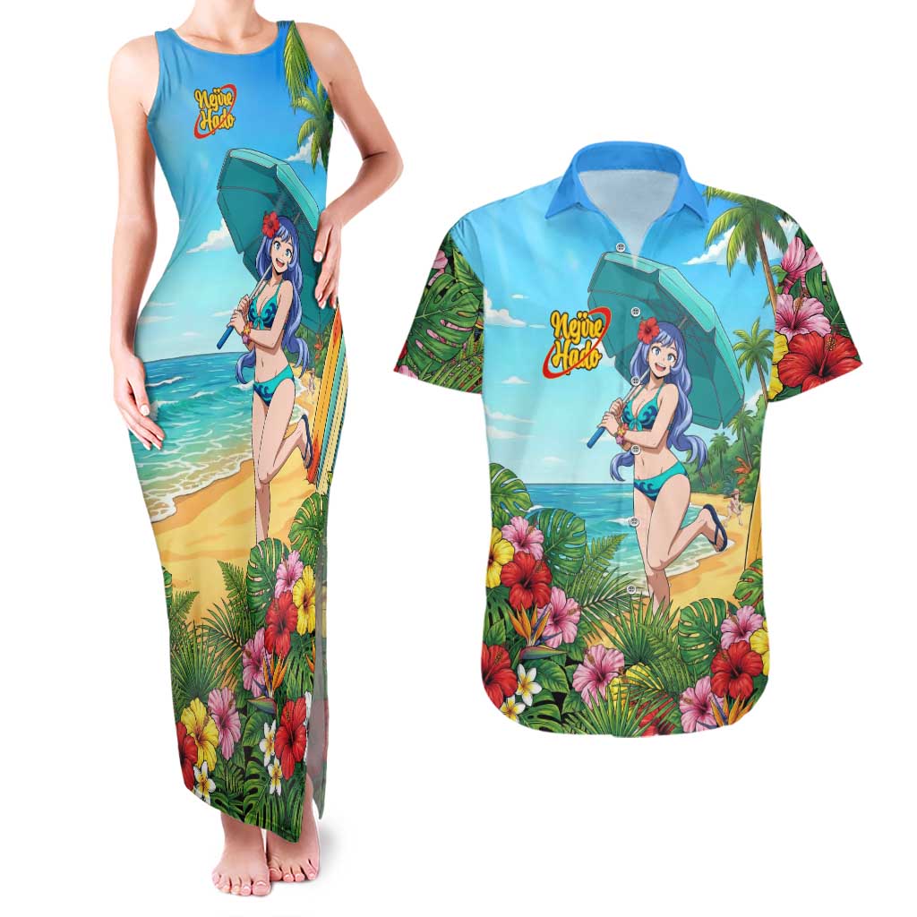 Nejire Hado Summer Chill Couples Matching Tank Maxi Dress and Hawaiian Shirt Tropical Anime Surfside Art