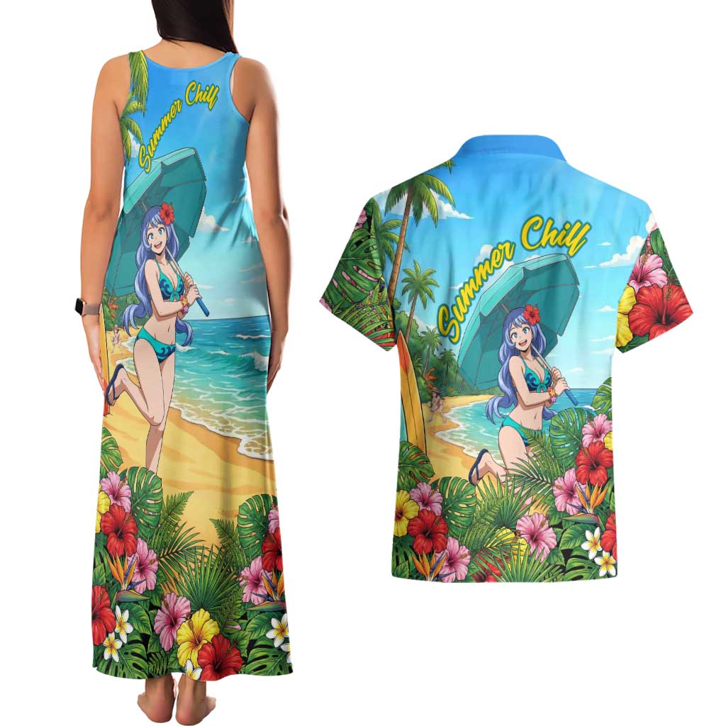 Nejire Hado Summer Chill Couples Matching Tank Maxi Dress and Hawaiian Shirt Tropical Anime Surfside Art