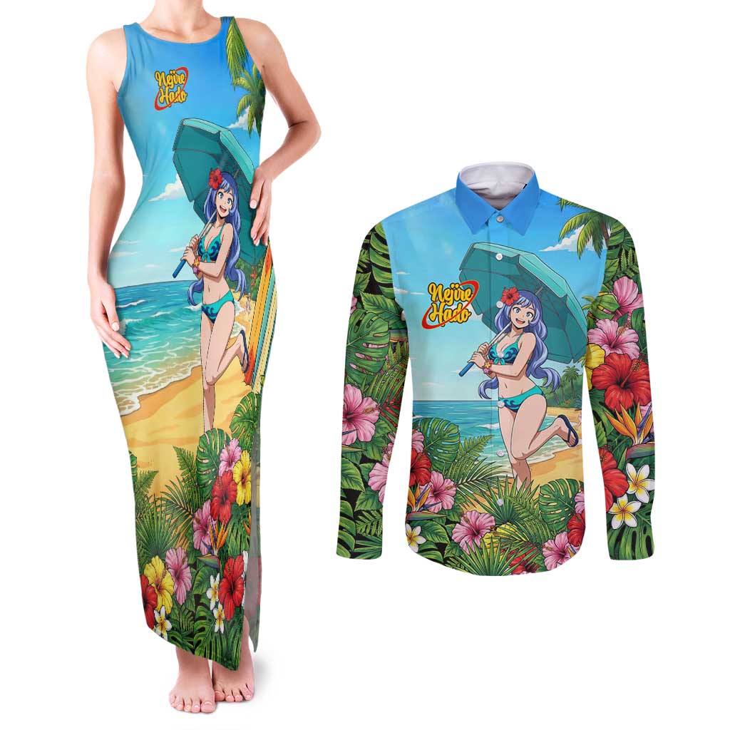 Nejire Hado Summer Chill Couples Matching Tank Maxi Dress and Long Sleeve Button Shirt Tropical Anime Surfside Art