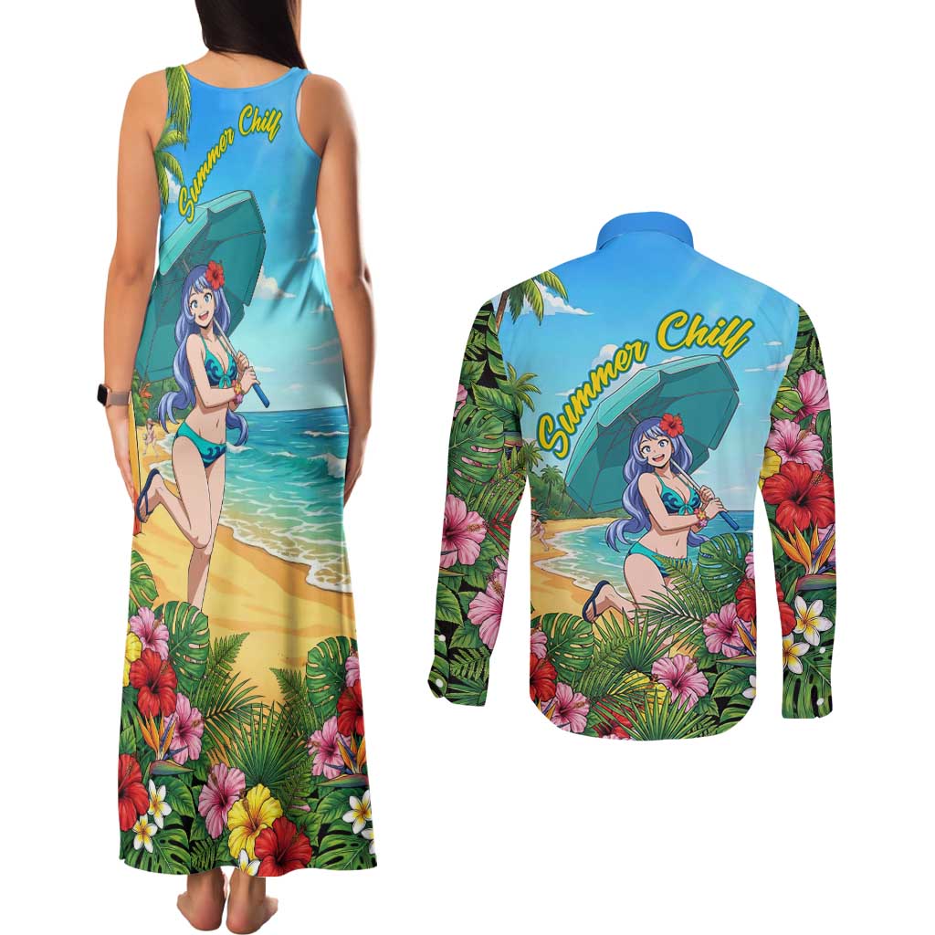 Nejire Hado Summer Chill Couples Matching Tank Maxi Dress and Long Sleeve Button Shirt Tropical Anime Surfside Art