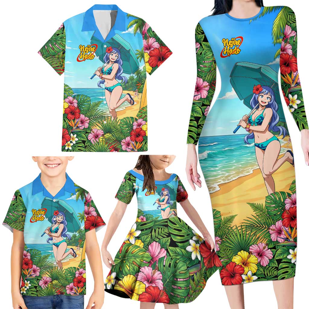 Nejire Hado Summer Chill Family Matching Long Sleeve Bodycon Dress and Hawaiian Shirt Tropical Anime Surfside Art