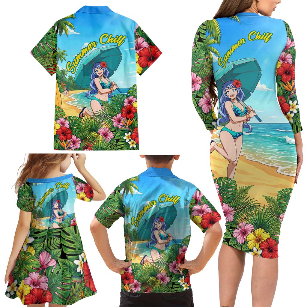 Nejire Hado Summer Chill Family Matching Long Sleeve Bodycon Dress and Hawaiian Shirt Tropical Anime Surfside Art